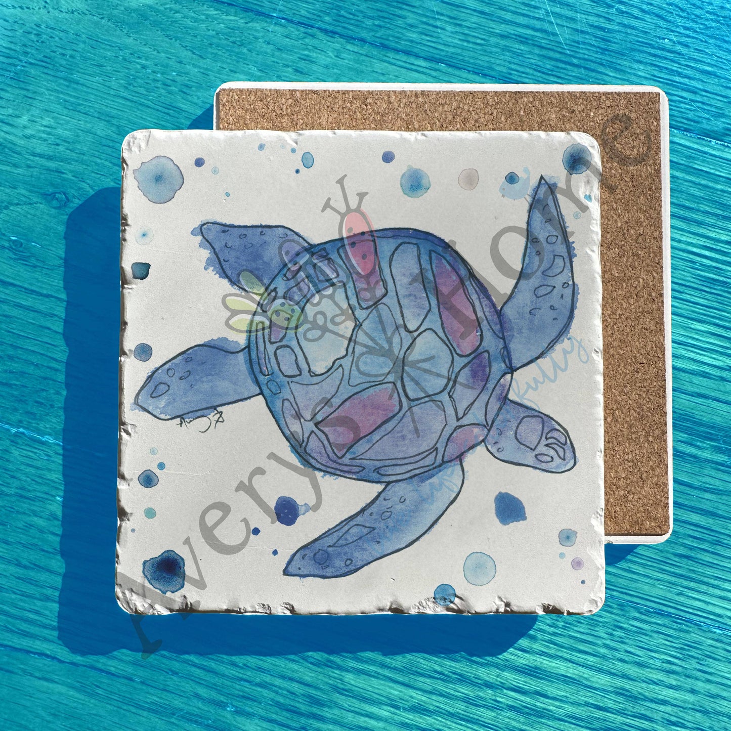Blue Sea Turtle Watercolor Art Tumbled Stone Trivet