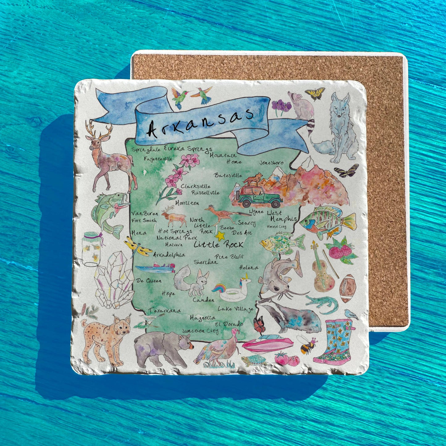 Arkansas State Icon Map Watercolor Tumbled Edge Stone Trivet