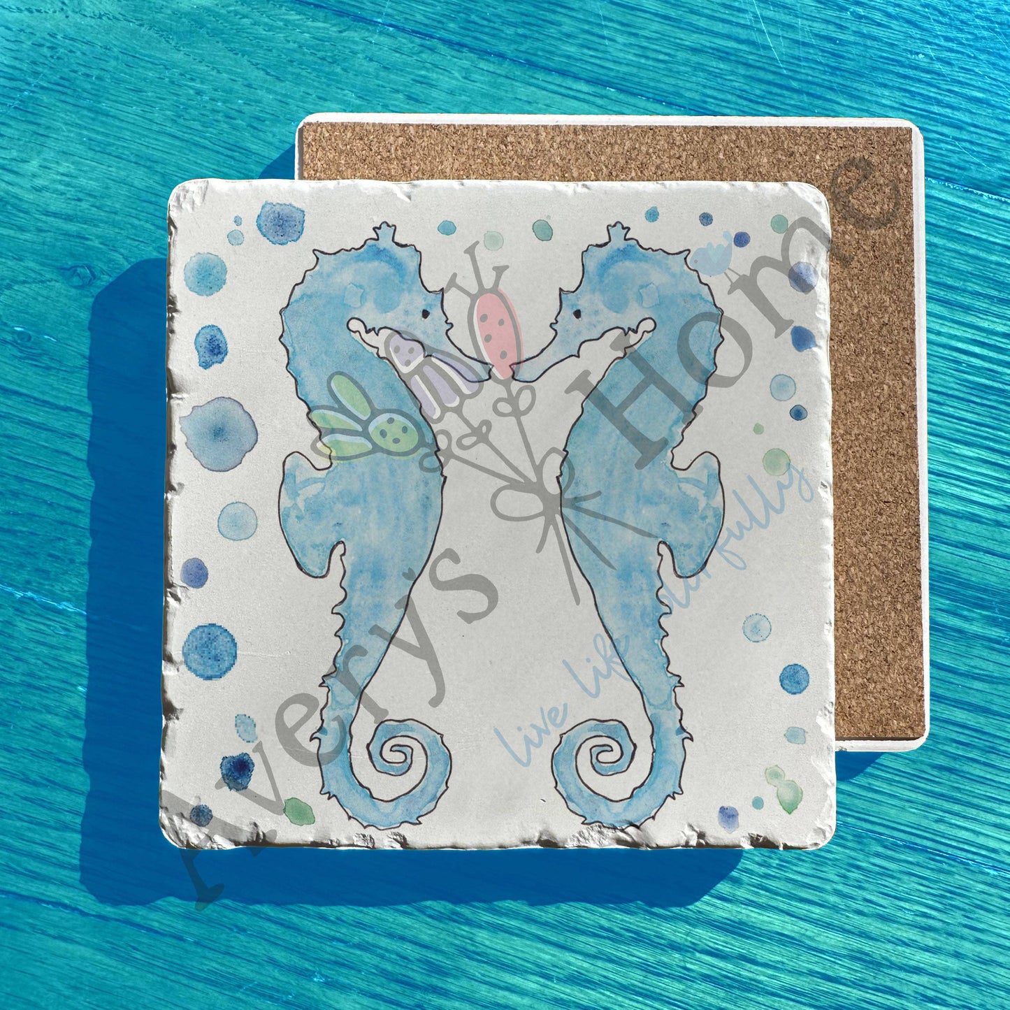 Blue Sea Horse Coastal Watercolor Art Tumbled Stone Trivet