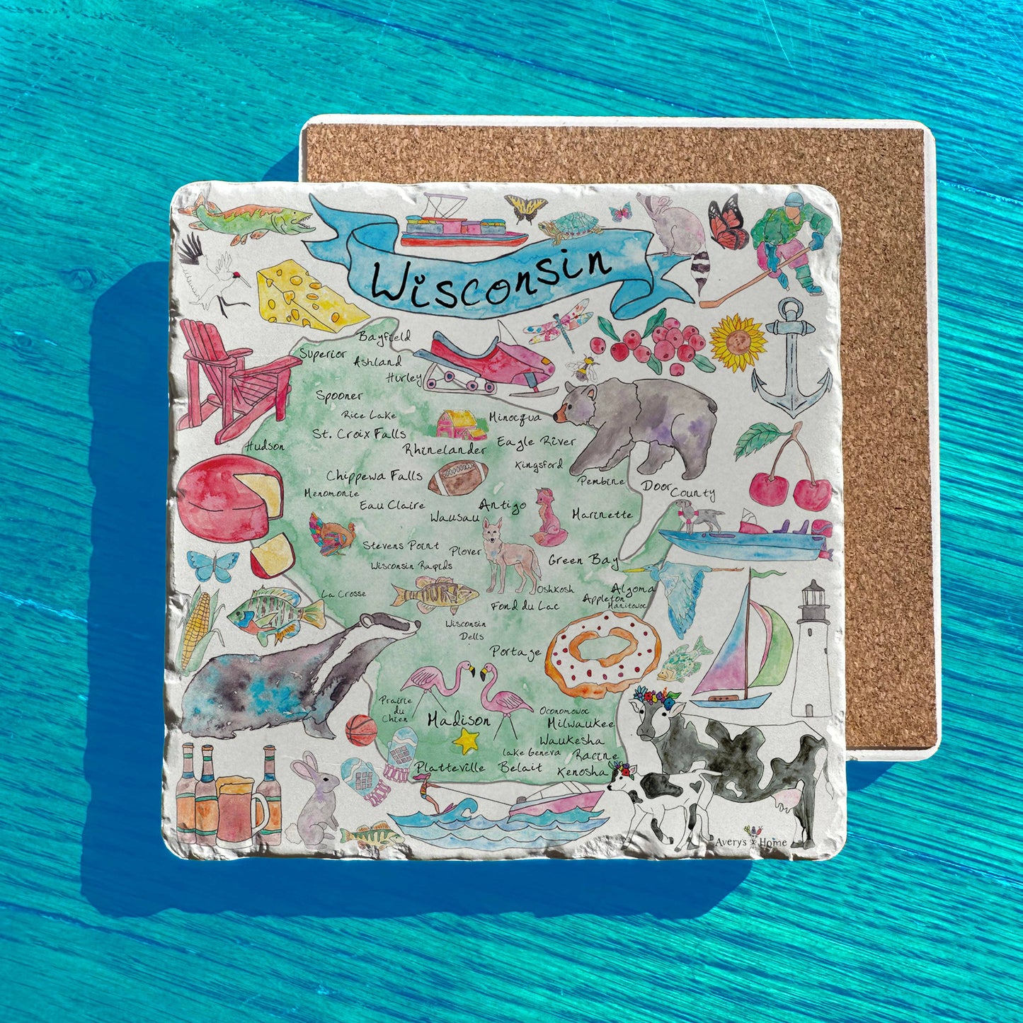 Wisconsin State Icons Map Tumbled Stone Trivet