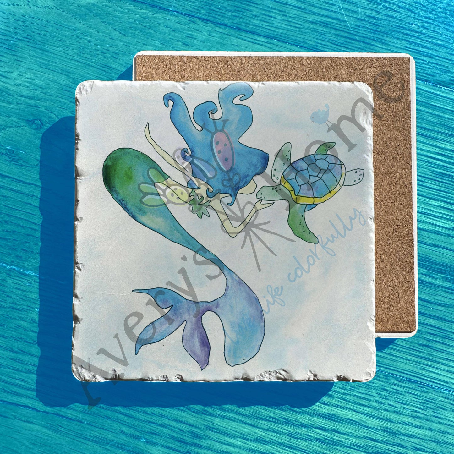 Mermaid & Sea Turtle Watercolor Art Tumbled Stone Trivet