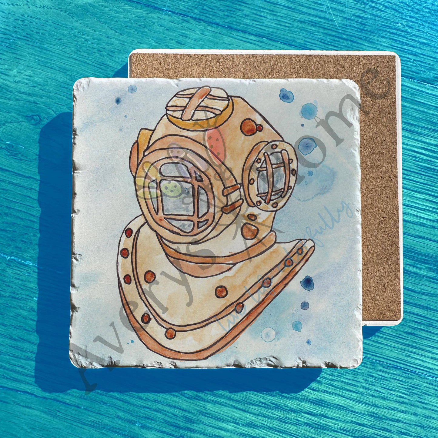 Classic Deep Divers Helmet Watercolor Tumbled Stone Trivet