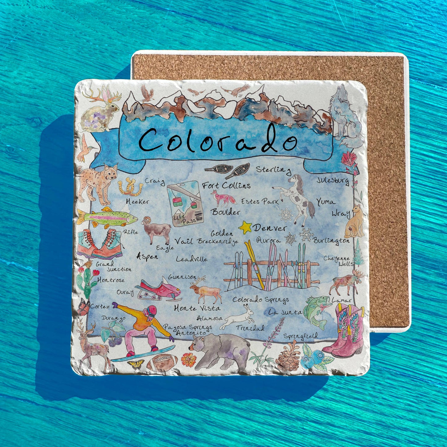 Colorado State Icons Map Tumbled Stone Trivet