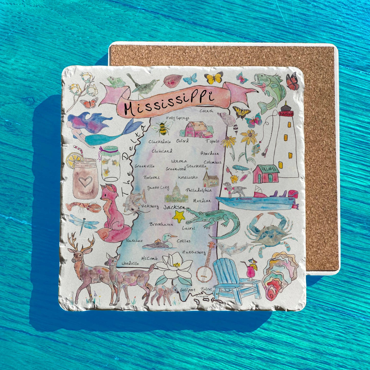 Mississippi State Icon Map Watercolor Tumbled Stone Trivet