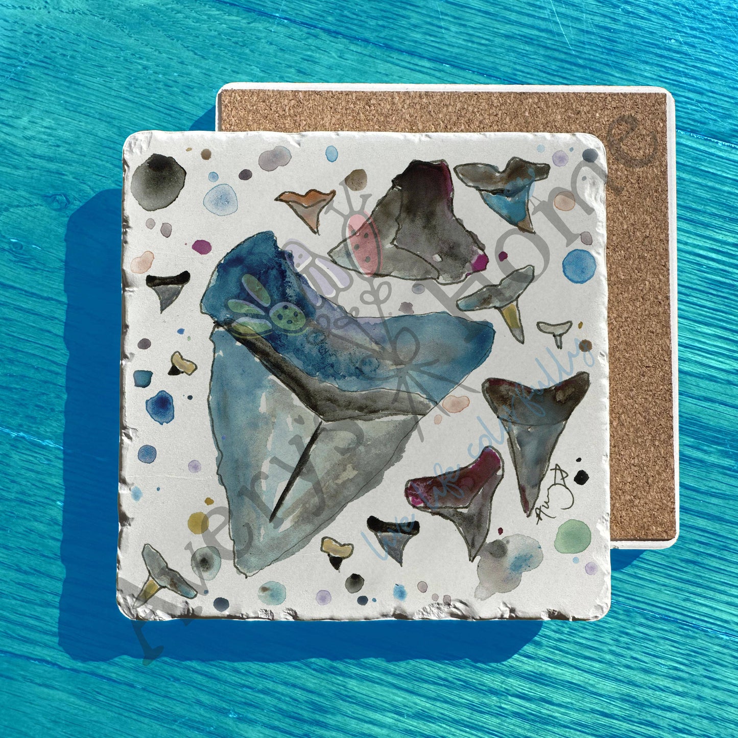 Shark Tooth Watercolor Art Tumbled Stone Trivet