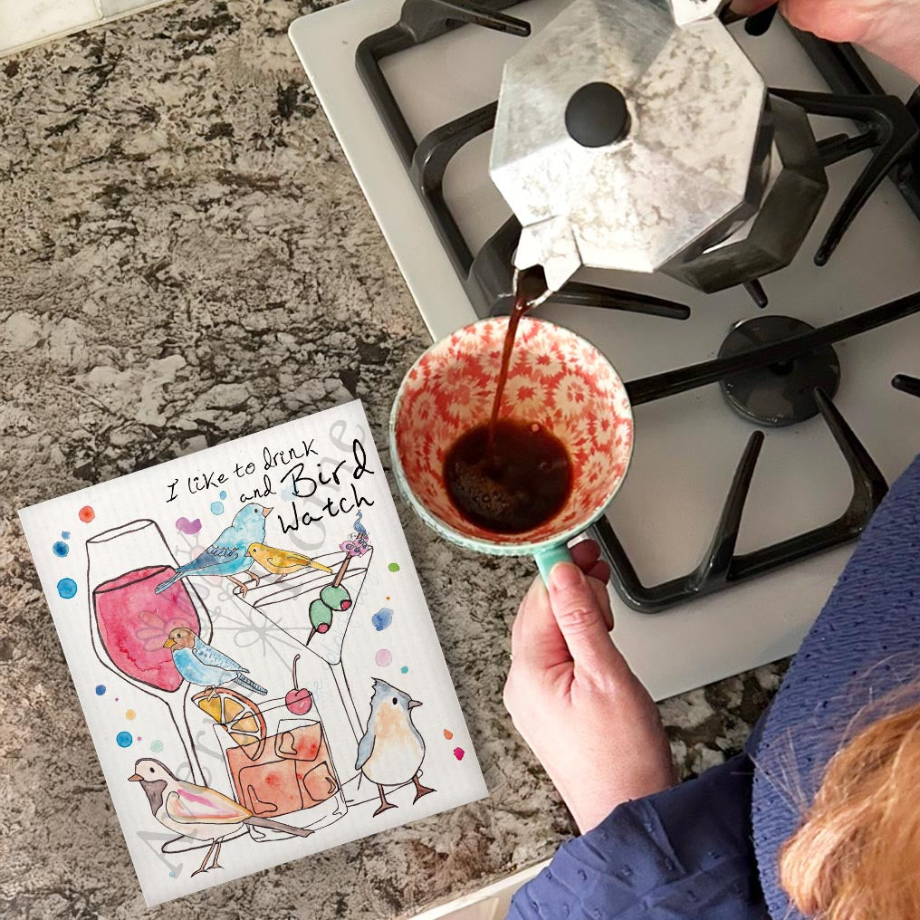 Wine & Birdwatching Swedish Dishcloth – Funny Nature Gift