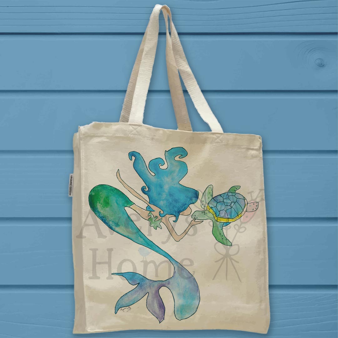 Mermaid & Turtle Organic Cotton Tote Bag – Ocean Whimsy Decor