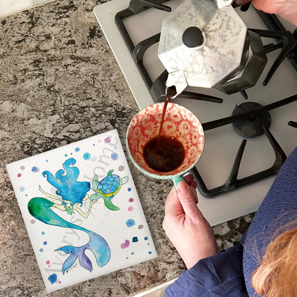 Mermaid & Turtle Swedish Dishcloth – Ocean Whimsy Decor