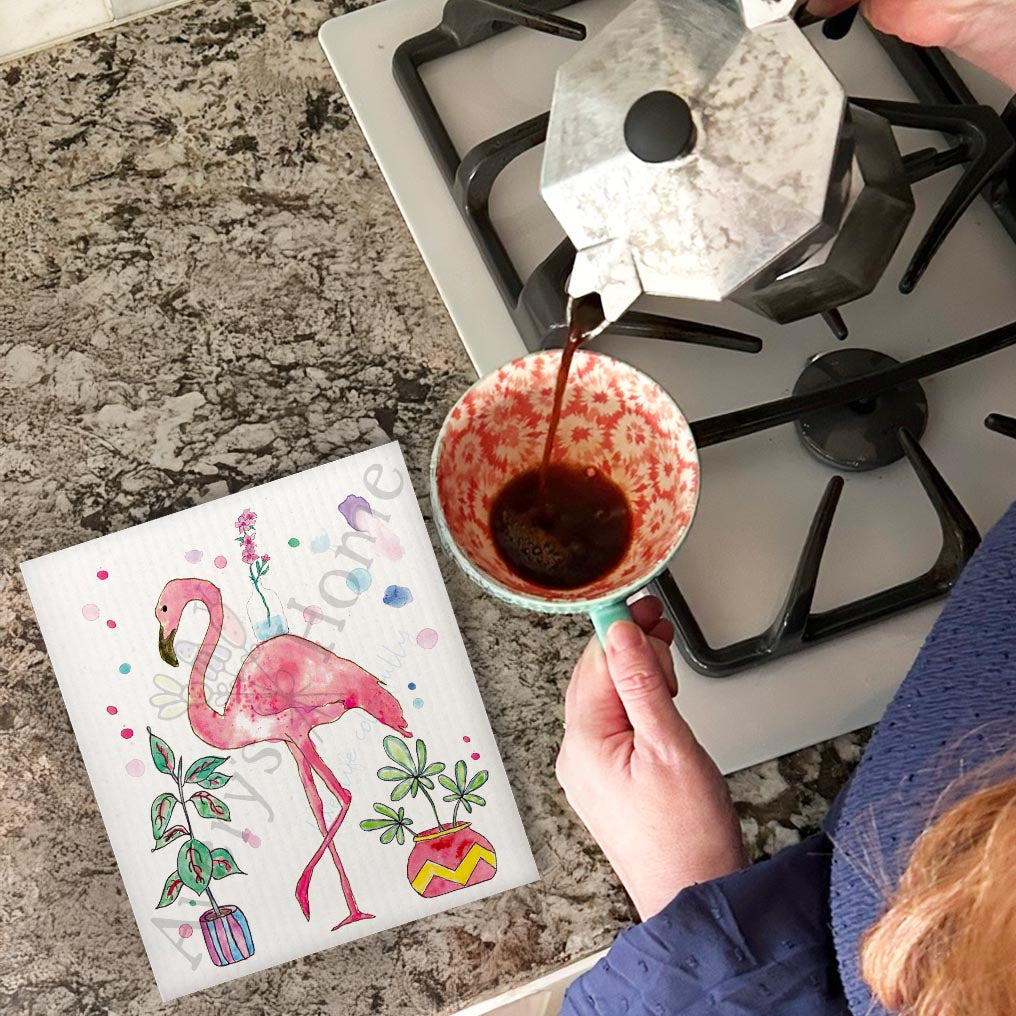 Flamingo & Plants Swedish Dishcloth – Tropical Decor