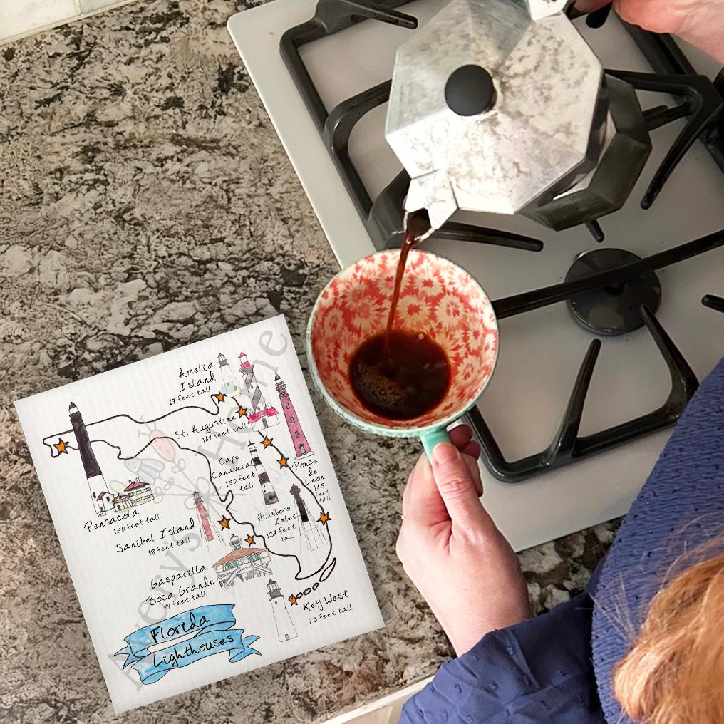 Florida Lighthouse Map & Wildlife Swedish Dishcloth