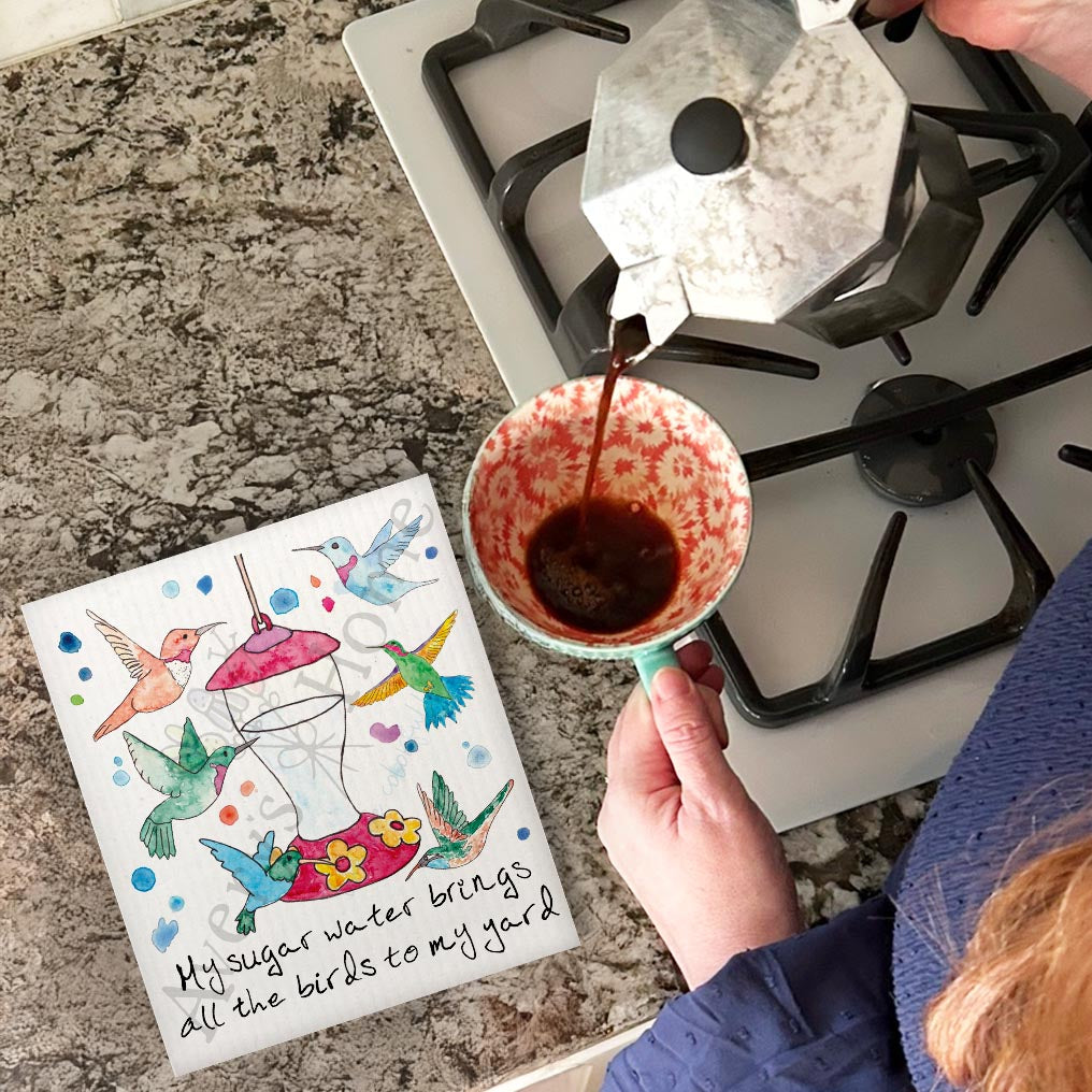 Hummingbird Garden Swedish Dishcloth – Bird Lover Gift