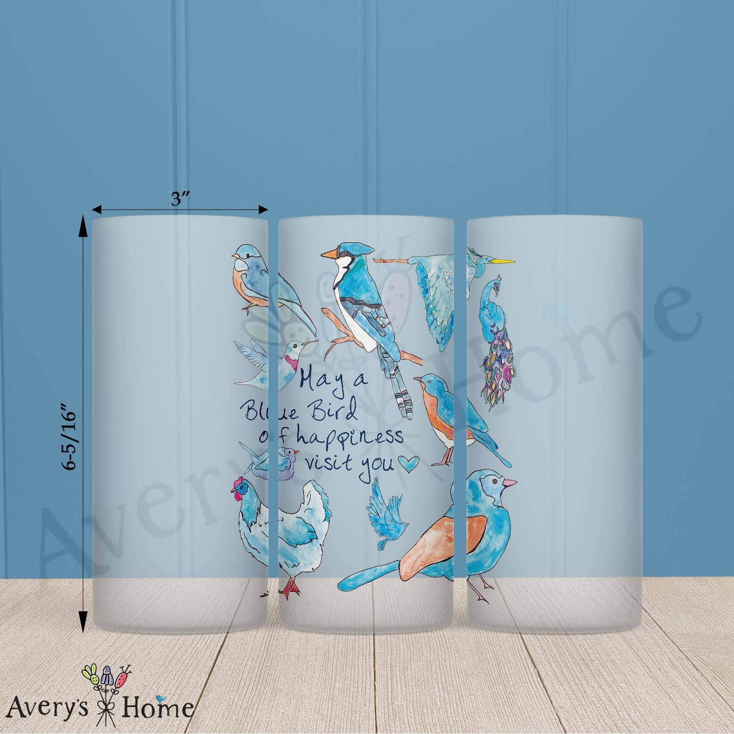 Blue Birds of Happiness 16oz Frosted Glass – Peace, Joy & Sky