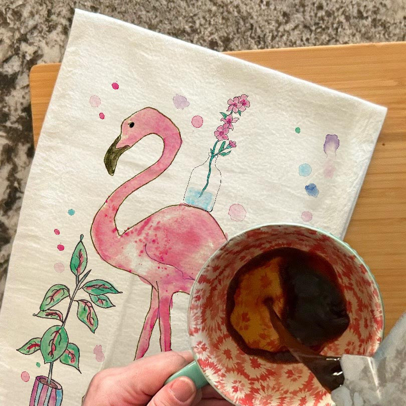 Flamingo & Plants Tea Towel – Tropical Decor