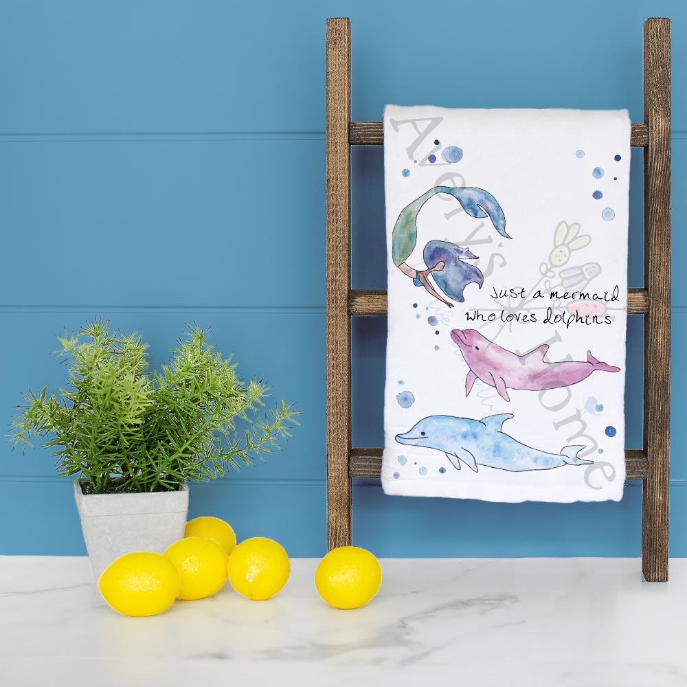 Just a Mermaid Who Loves Dolphins Tea Towel