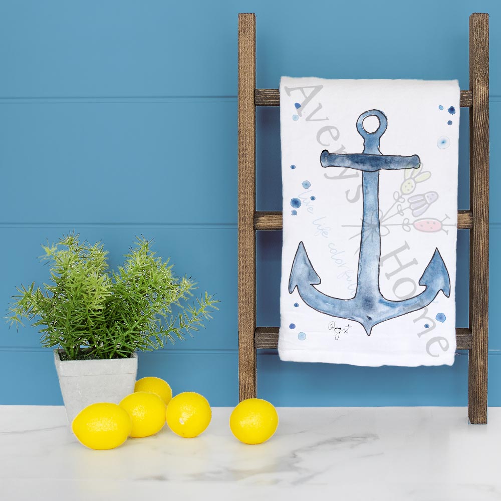 Navy Anchor Tea Towel