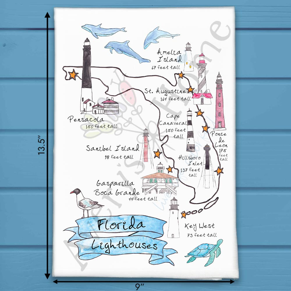 Florida Lighthouses Map & Wildlife Tea Towel