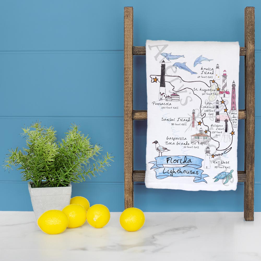 Florida Lighthouses Map & Wildlife Tea Towel