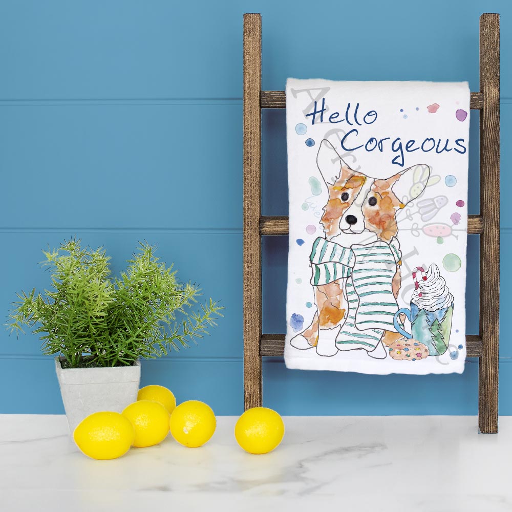 Corgi & Cocoa Tea Towel – Cute Winter Dog Gift