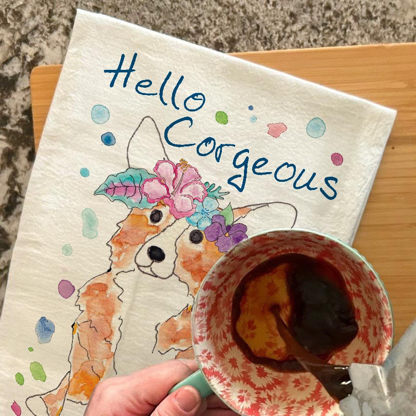 Hello Corgeous Tea Towel – Summer Dog Lover Gift