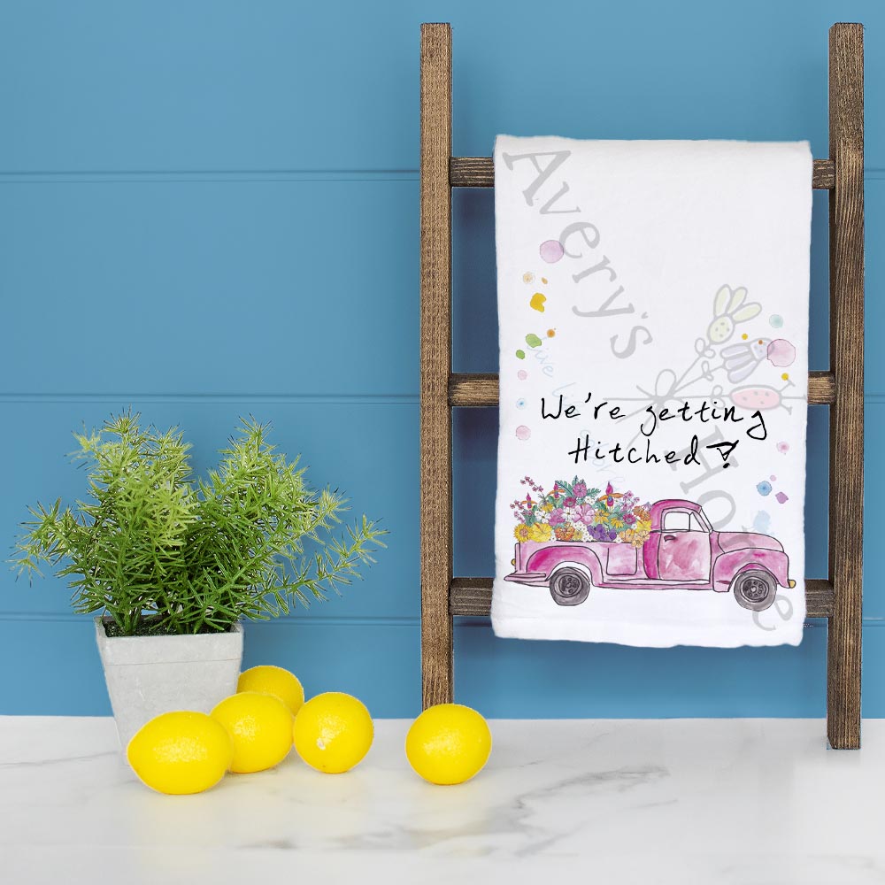 We're Getting Hitched Tea Towel – Rustic Wedding Decor