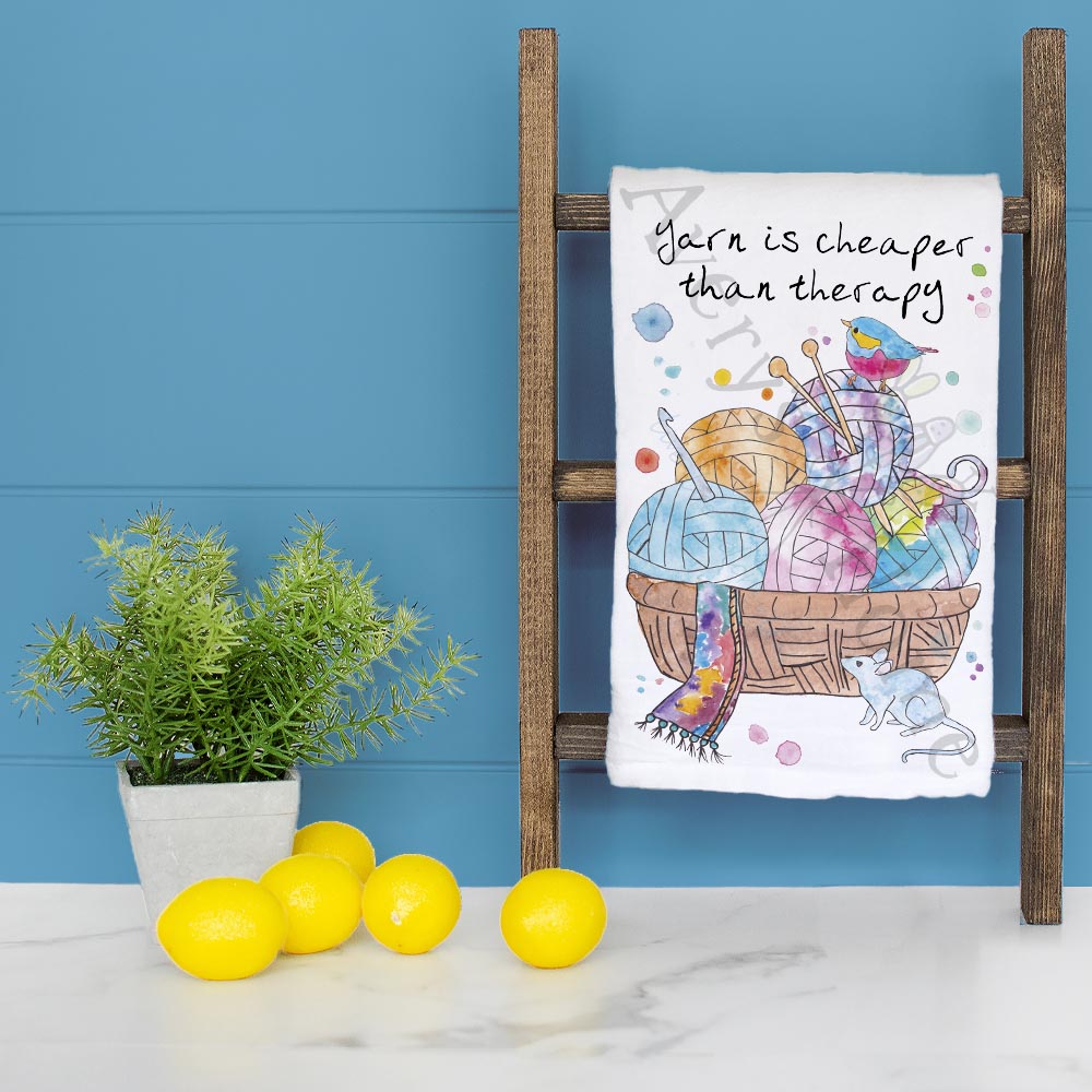 Yarn Is Cheaper Tea Towel – Funny Knitting Decor