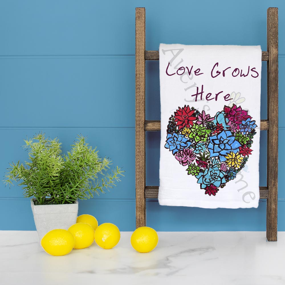 Love Grows Here Tea Towel – Heart & Flowers Gift