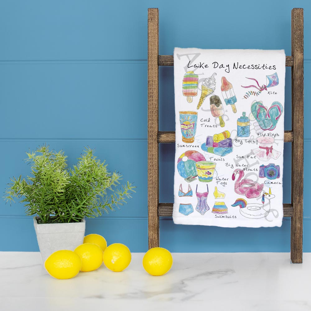 Lake Day Must-Haves Tea Towel – Boating & Drinks Decor