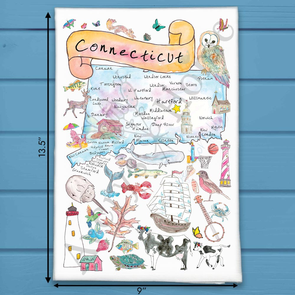 Connecticut State Map Tea Towel – Sailboats & Seaside