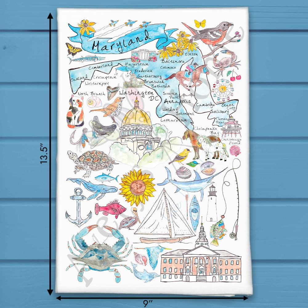 Maryland Map Tea Towel – Sailboats, Shells & Skyline
