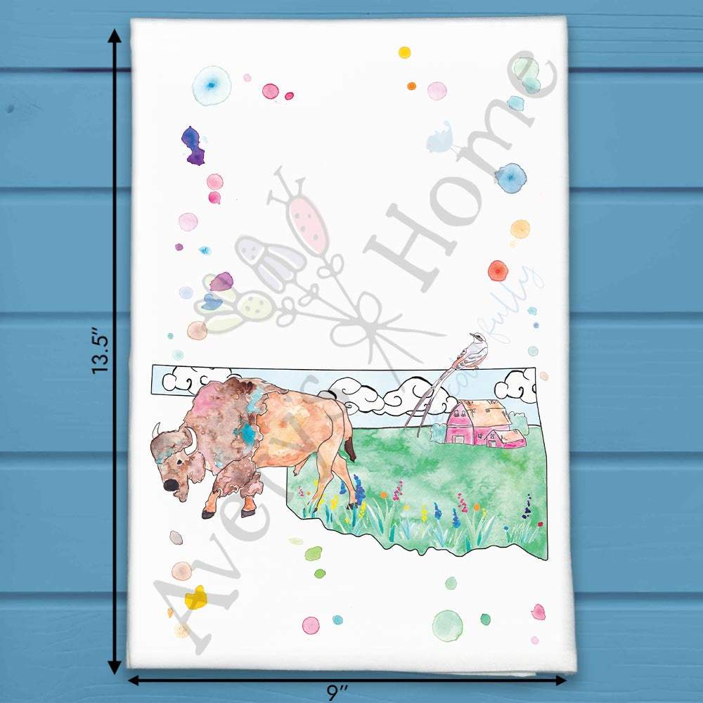 Oklahoma Icons Tea Towel – Bison, Windmills & Roots