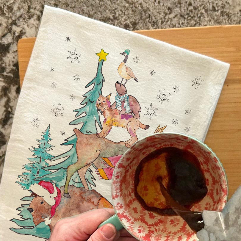 Woodland Animals Christmas Tree Tea Towel – Cozy Critters