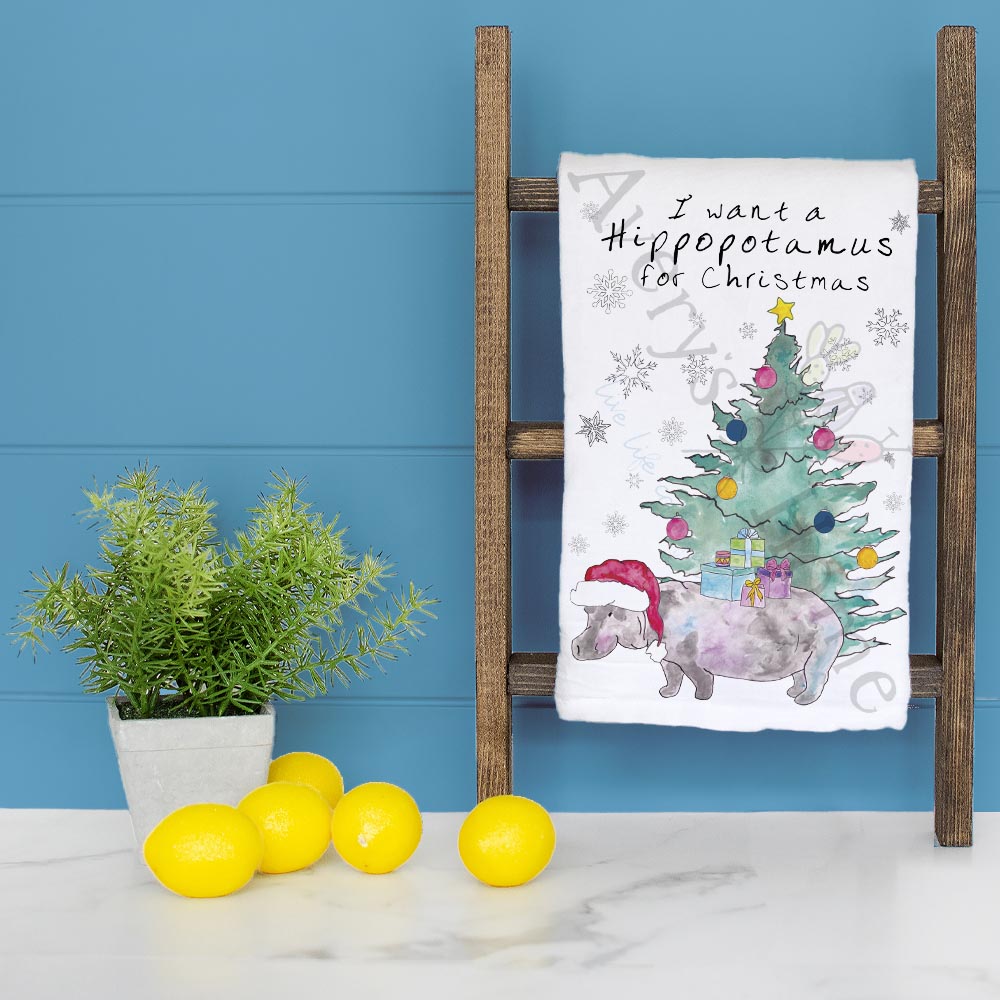 I Want a Hippopotamus For Christmas Tea Towel – Playful Holiday Song