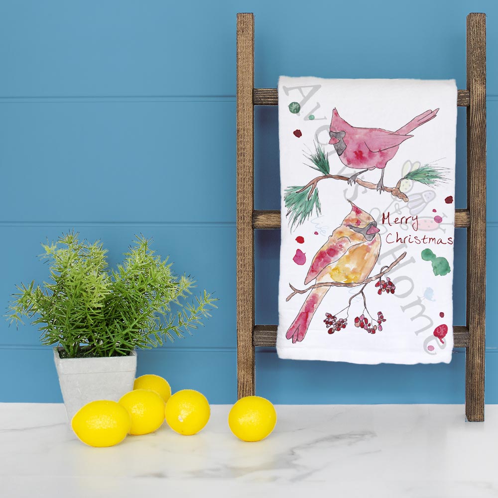 Merry Christmas Cardinal Tea Towel – Peaceful Bird Scene