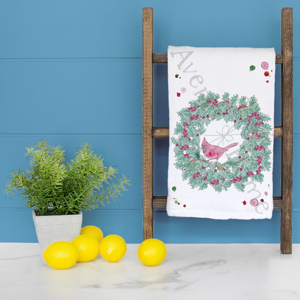 Cardinal Christmas Wreath Tea Towel – Classic Seasonal Symbol