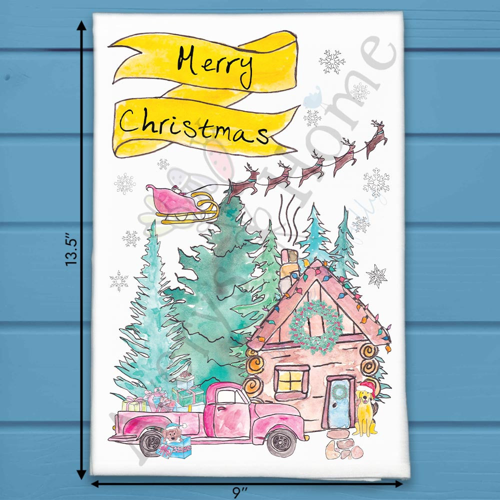 Christmas Cabin Tea Towel – Dog, Santa & Cozy Snowfall