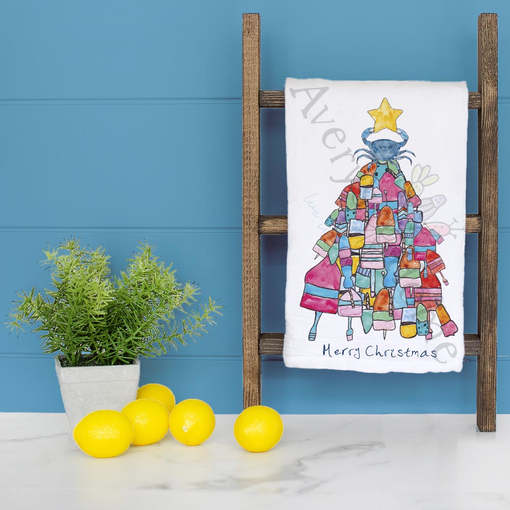 Lobster & Buoy Tree Tea Towel – Coastal Christmas Catch