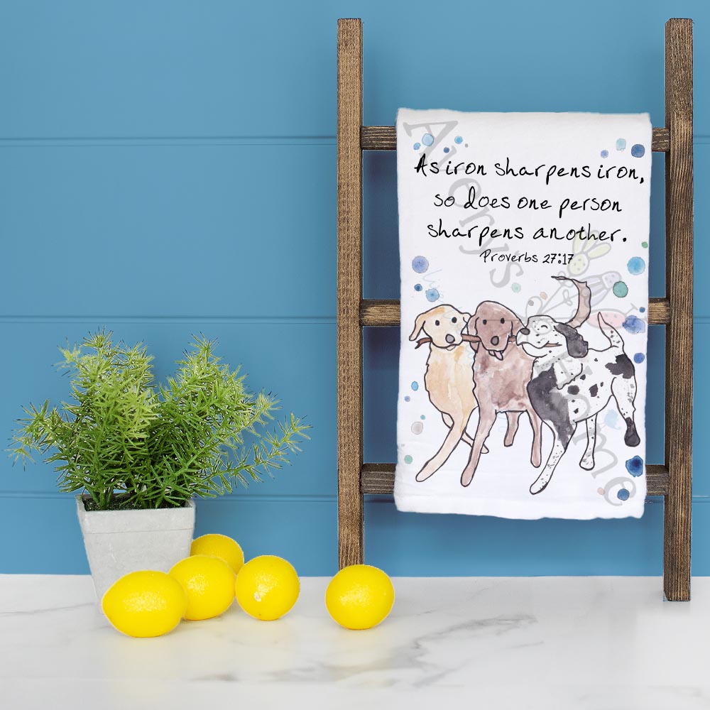Iron Sharpens Iron Dog Bible Verse Kitchen Décor Tea Towel