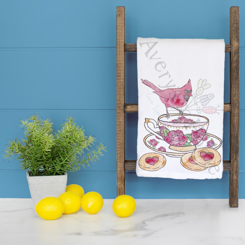 Cardinal Rose Teacup & Heart Cookies Tea Towel