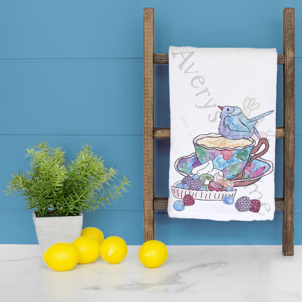 Blue Bird Tea Cup and Fruit Tart Tea Towel