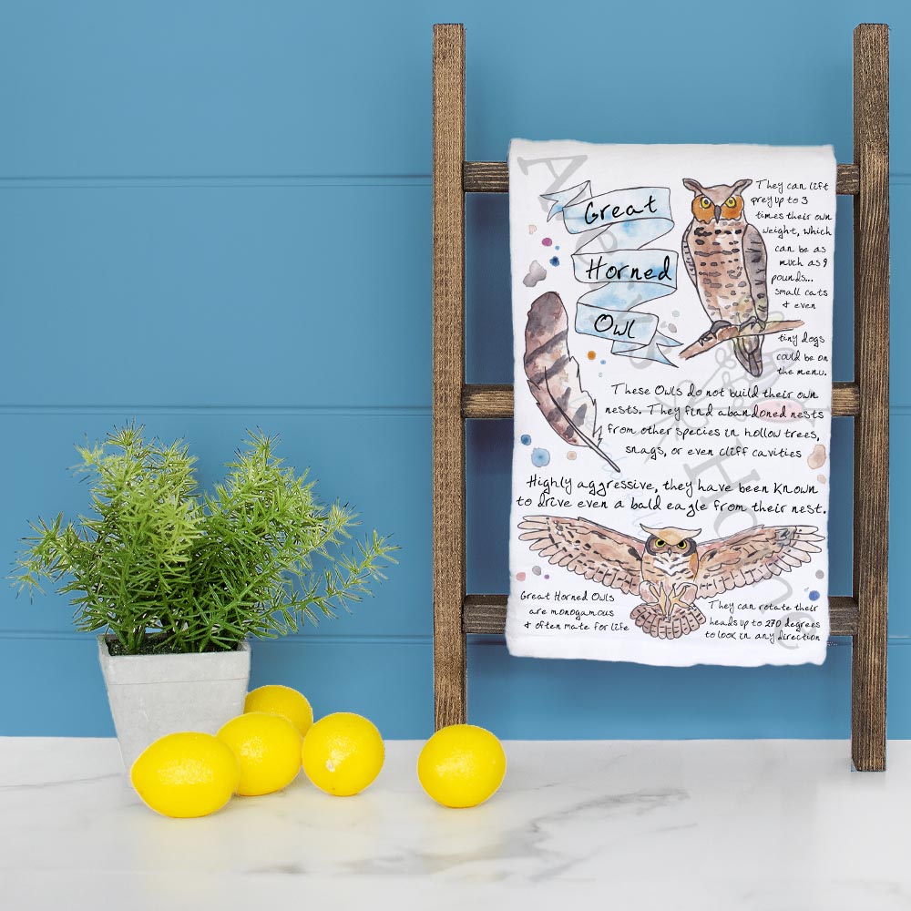 Great Horned Owl Bird Facts Garden Kitchen Décor Tea Towel