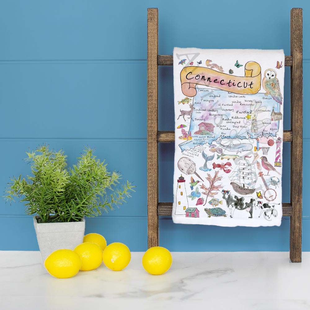 Connecticut State Map Tea Towel – Sailboats & Seaside