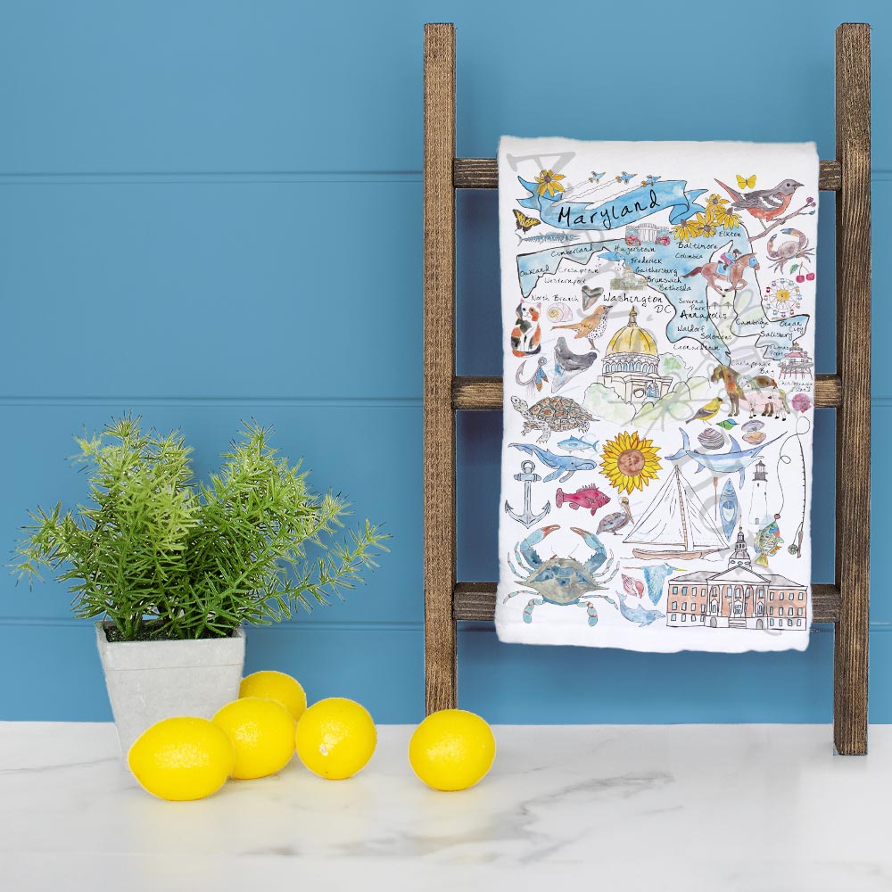 Maryland Map Tea Towel – Sailboats, Shells & Skyline
