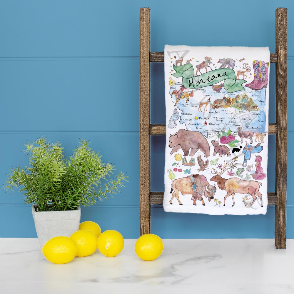 Montana Map Tea Towel – Elk, Peaks & Wild Air