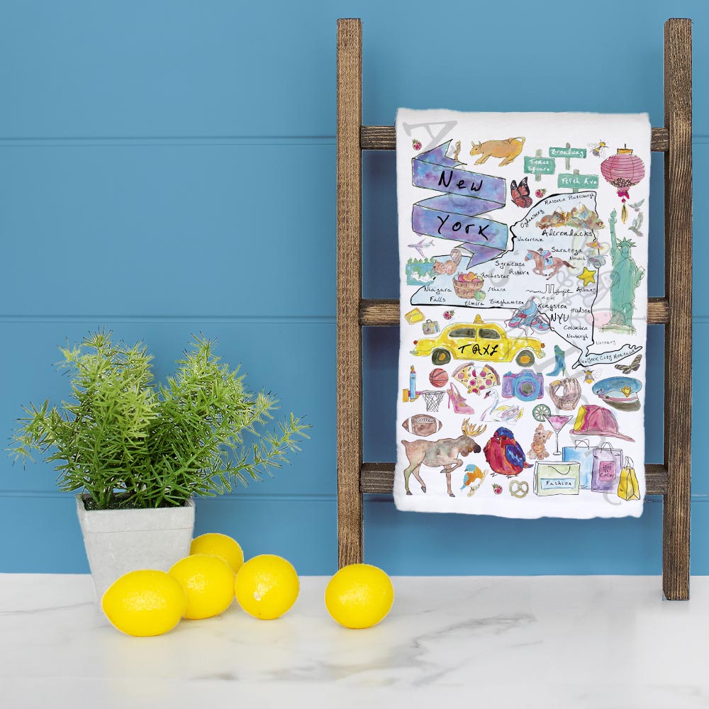 New York Map Tea Towel – Apples, Adirondacks & Big Dreams