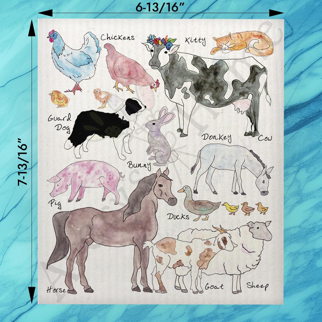 Farm Animals Barn Swedish Dishcloth – Country Morning Decor