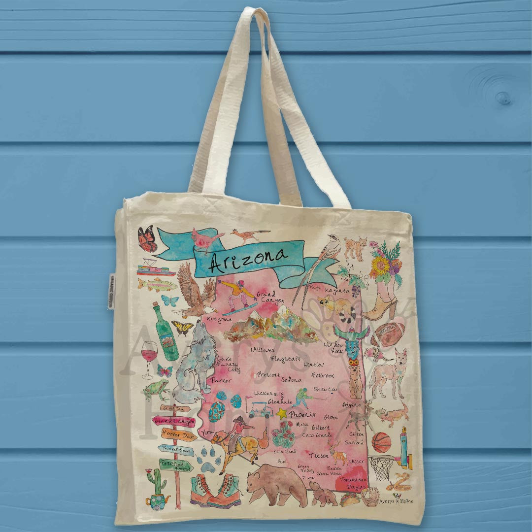 Arizona State Map Organic Cotton Tote Bag – Saguaro & Sunset Vibes
