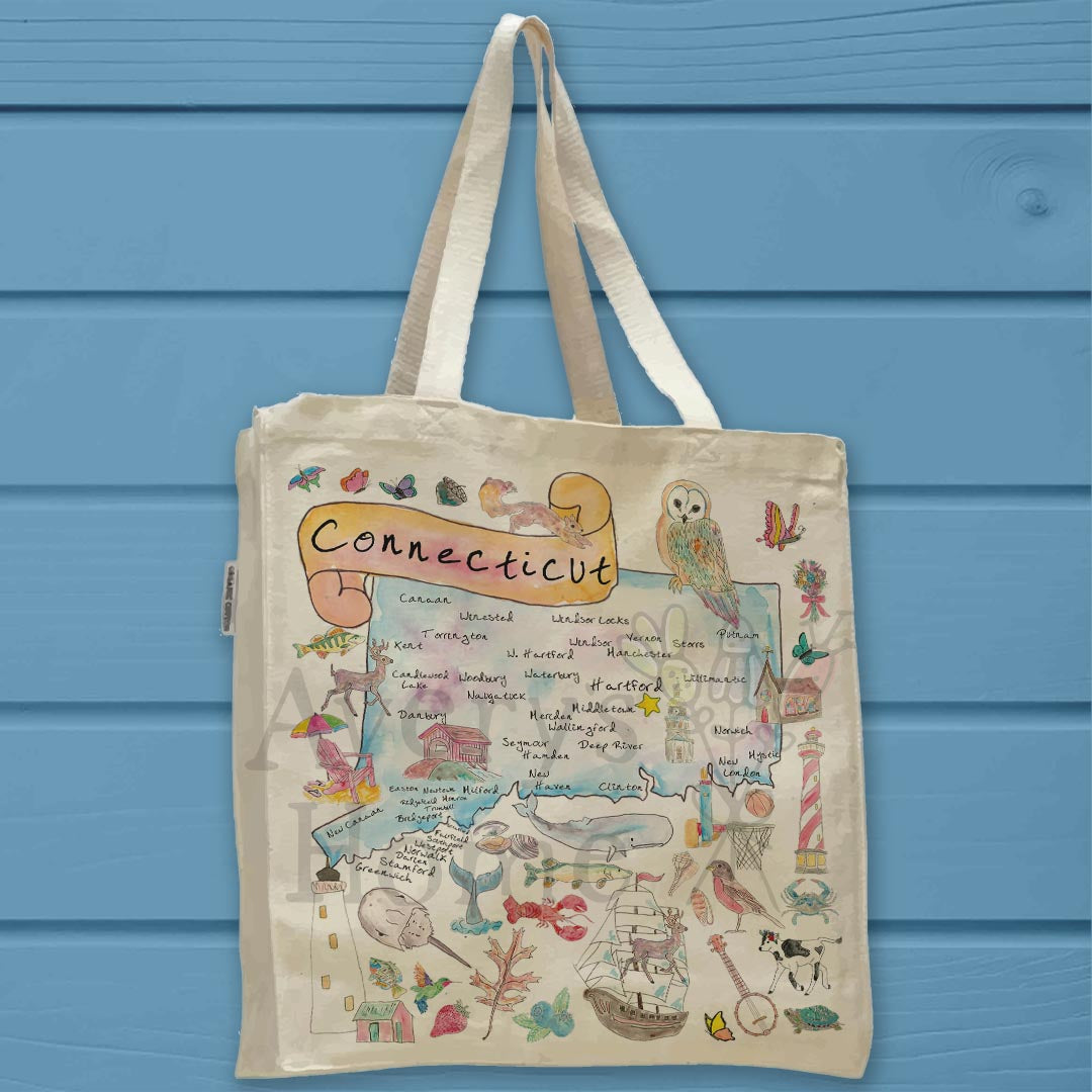 Connecticut State Map Organic Cotton Tote Bag – Sailboats & Seaside