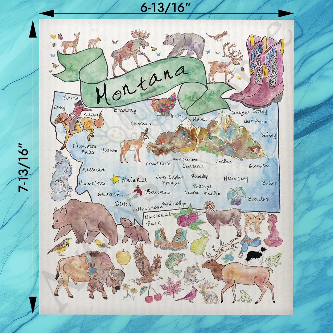 Montana Map Swedish Dishcloth – Elk, Peaks & Wild Air