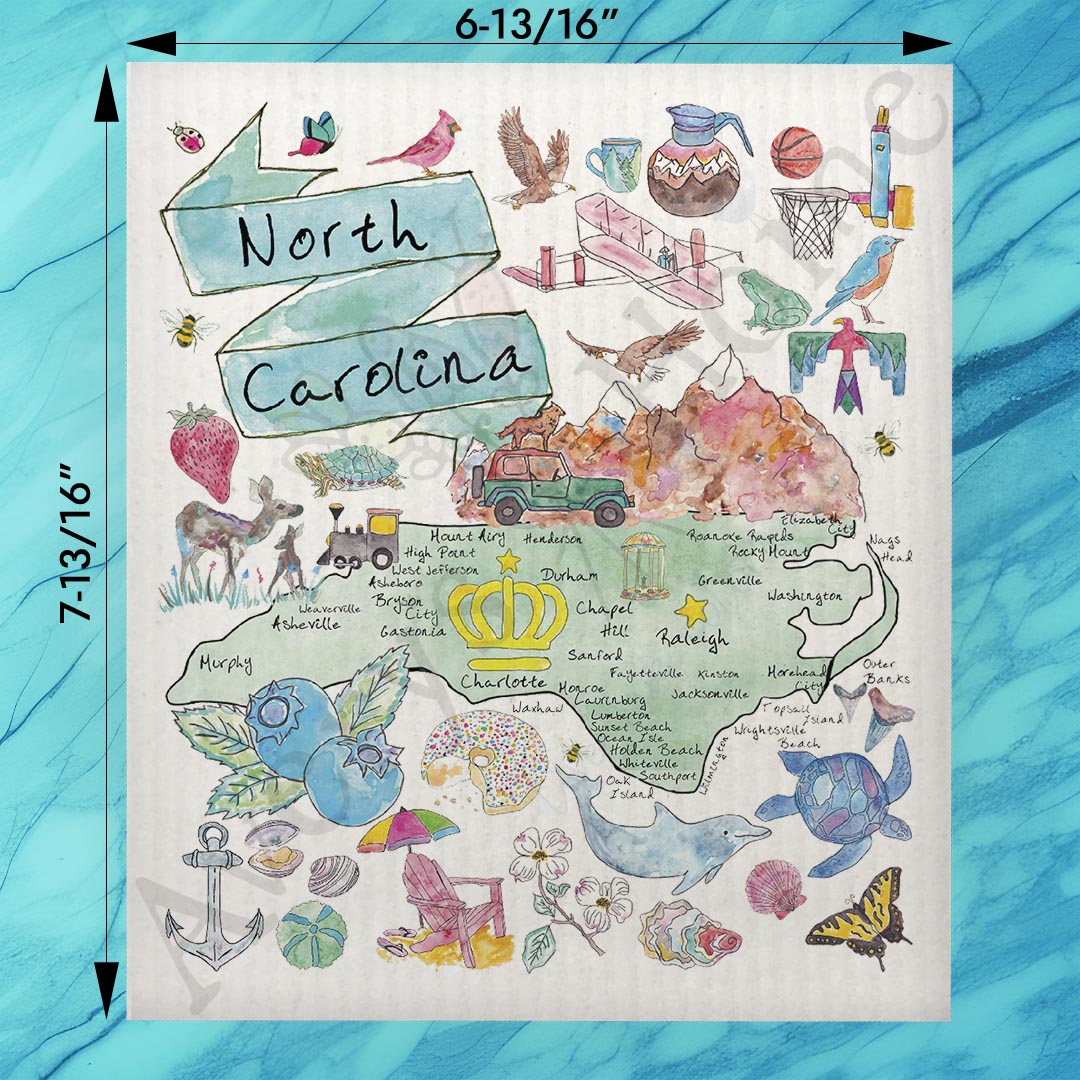 North Carolina Map Swedish Dishcloth – Beaches, Blue Ridge & BBQ