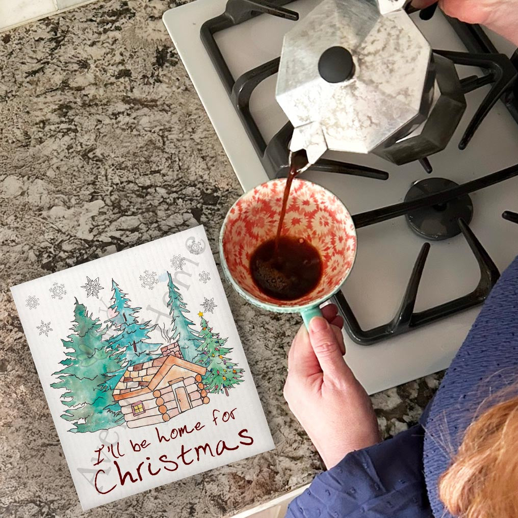 I'll be Home for Cabin Christmas Kitchen Swedish Dishcloth